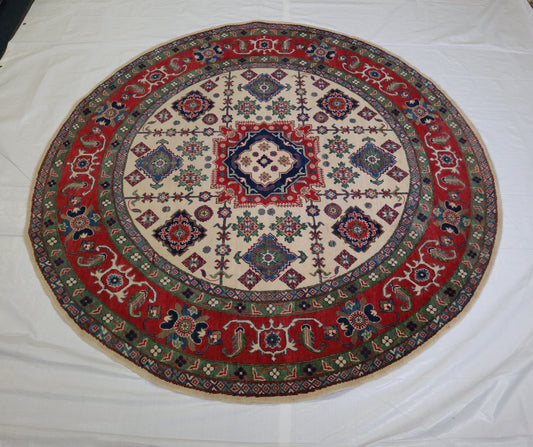 Kazak Rug, Round Rug, Hand Knotted Tribal Rug, 8x8 Round Rug